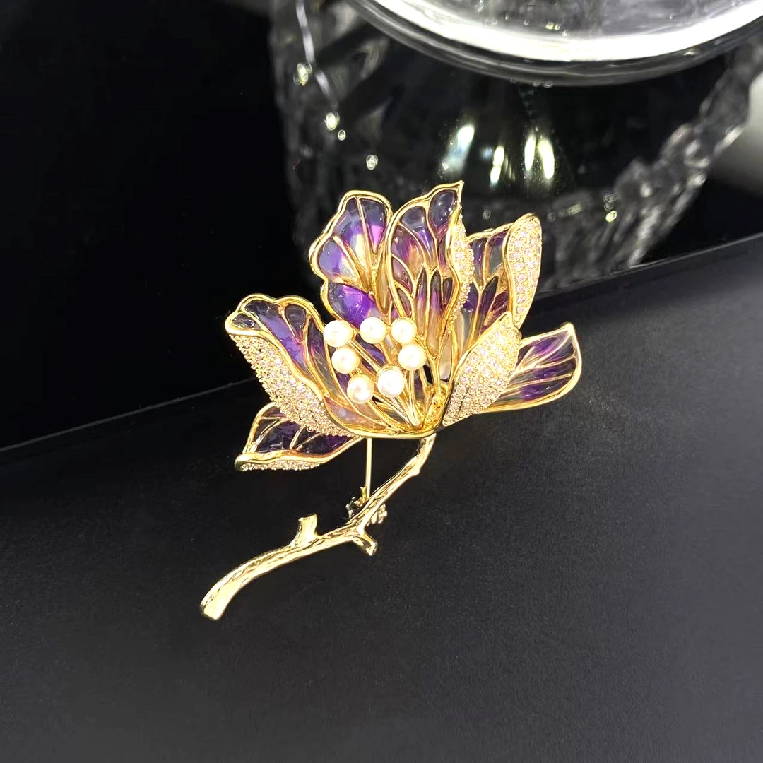 铜合金锆石胸针 8042【海棠花】国风新中式珐琅海棠花旗袍大衣胸针