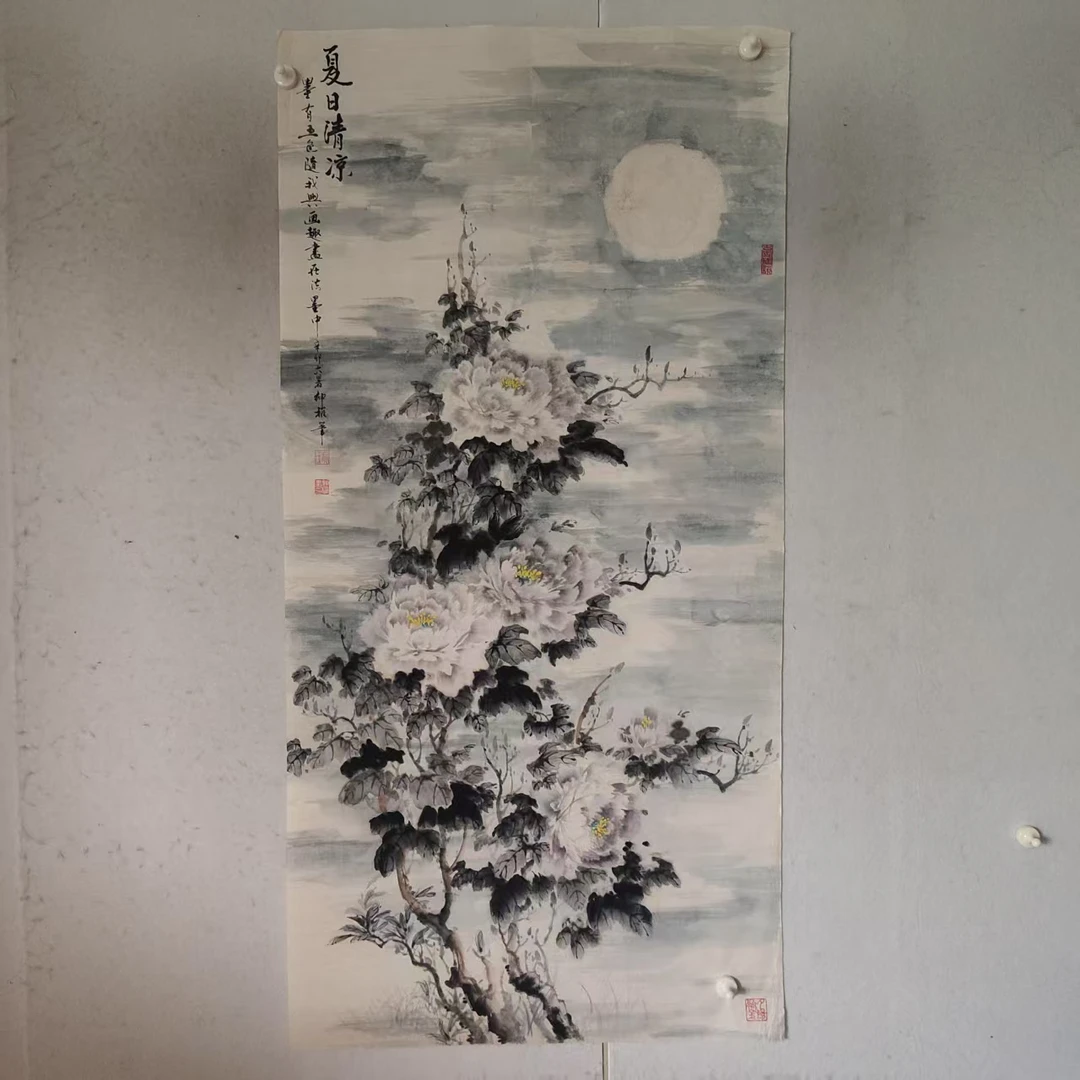 4652 多年前纯手绘老字画《墨牡丹》中堂  尺寸 137×68