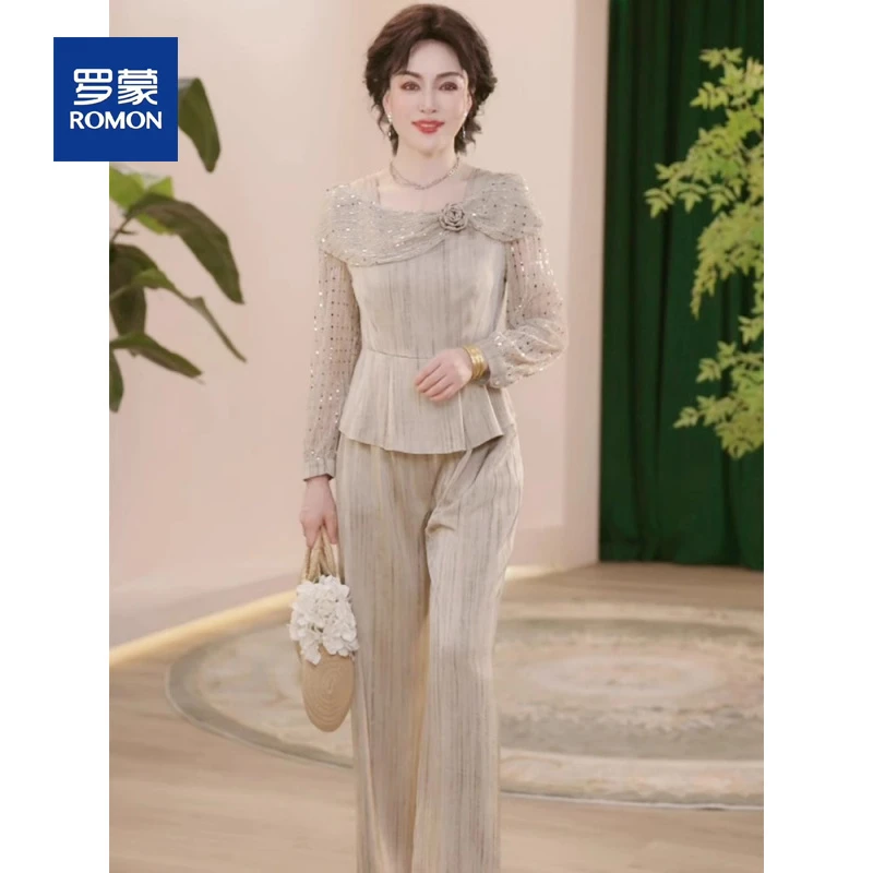 罗蒙中年妈妈春装时尚套装2025新款洋气中老年女装春秋休闲两件套