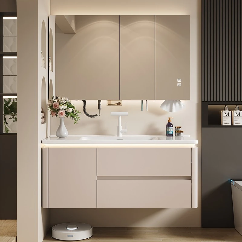 奶油风浴室柜陶瓷一体盆卫浴柜组合卫生间实木洗脸洗手台盆柜组合