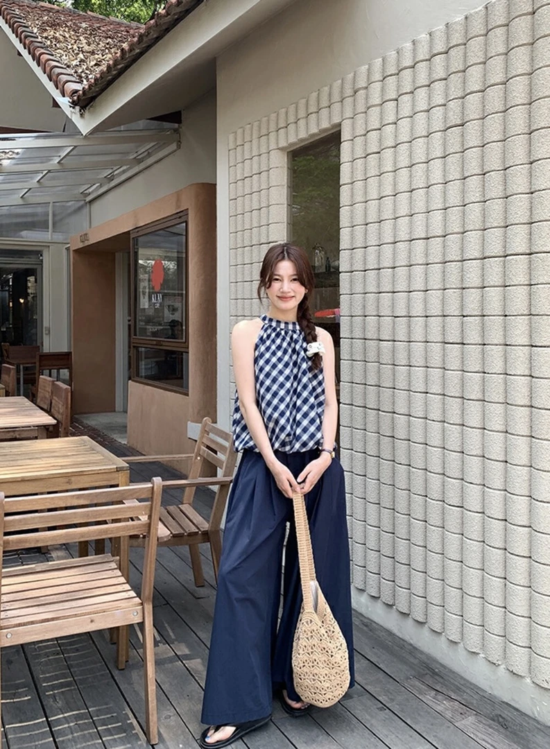 【麦姐精选】甜美显瘦格纹花苞小衫+慵懒松弛感休闲阔腿裤套装