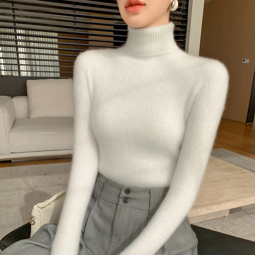 ~一线成衣~抽条高翻领女士山羊绒衫堆堆领套头毛衣修身打底针织衫