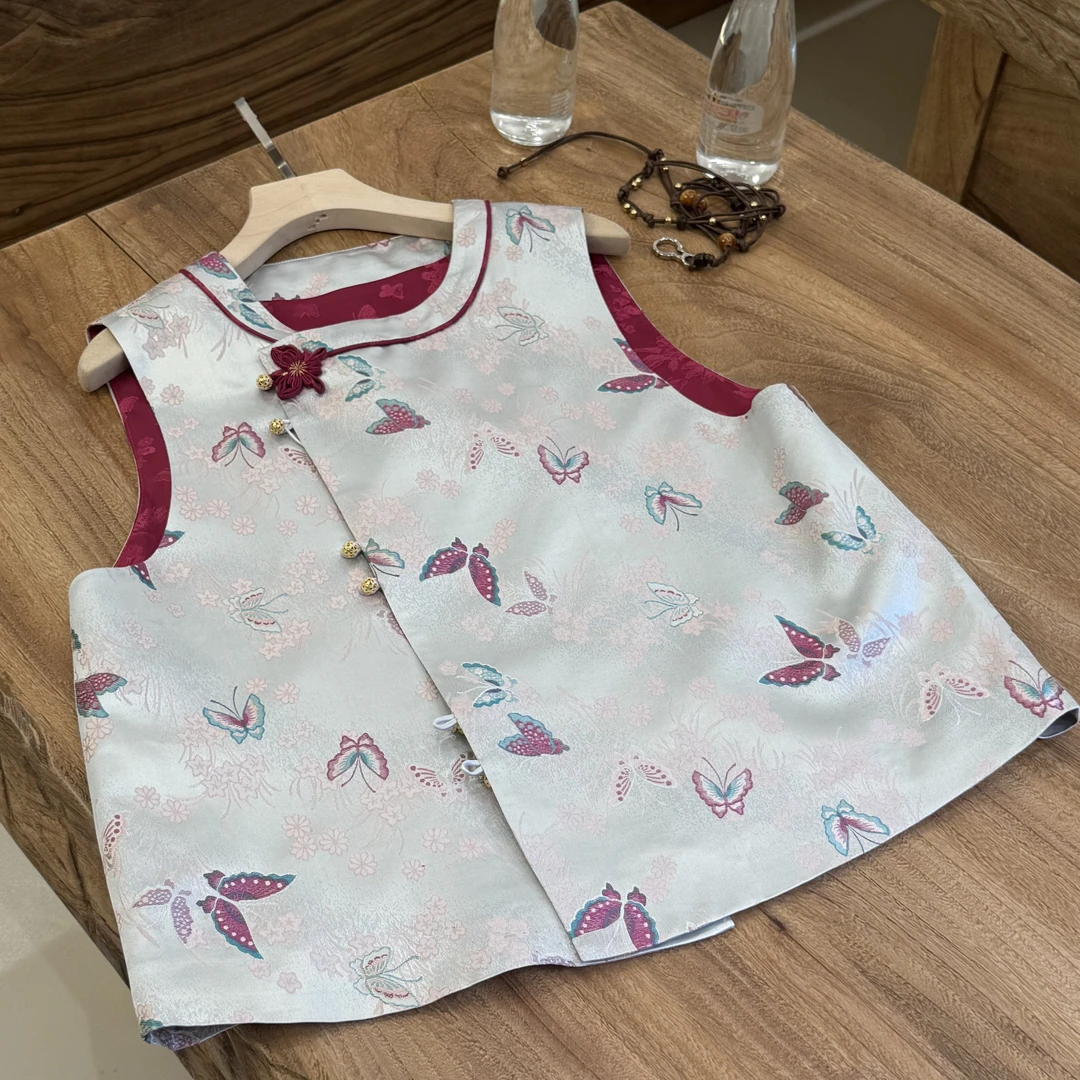 【日晚蝶山】新中式桑蚕丝宋锦花萝蝴蝶马甲女式上衣#47