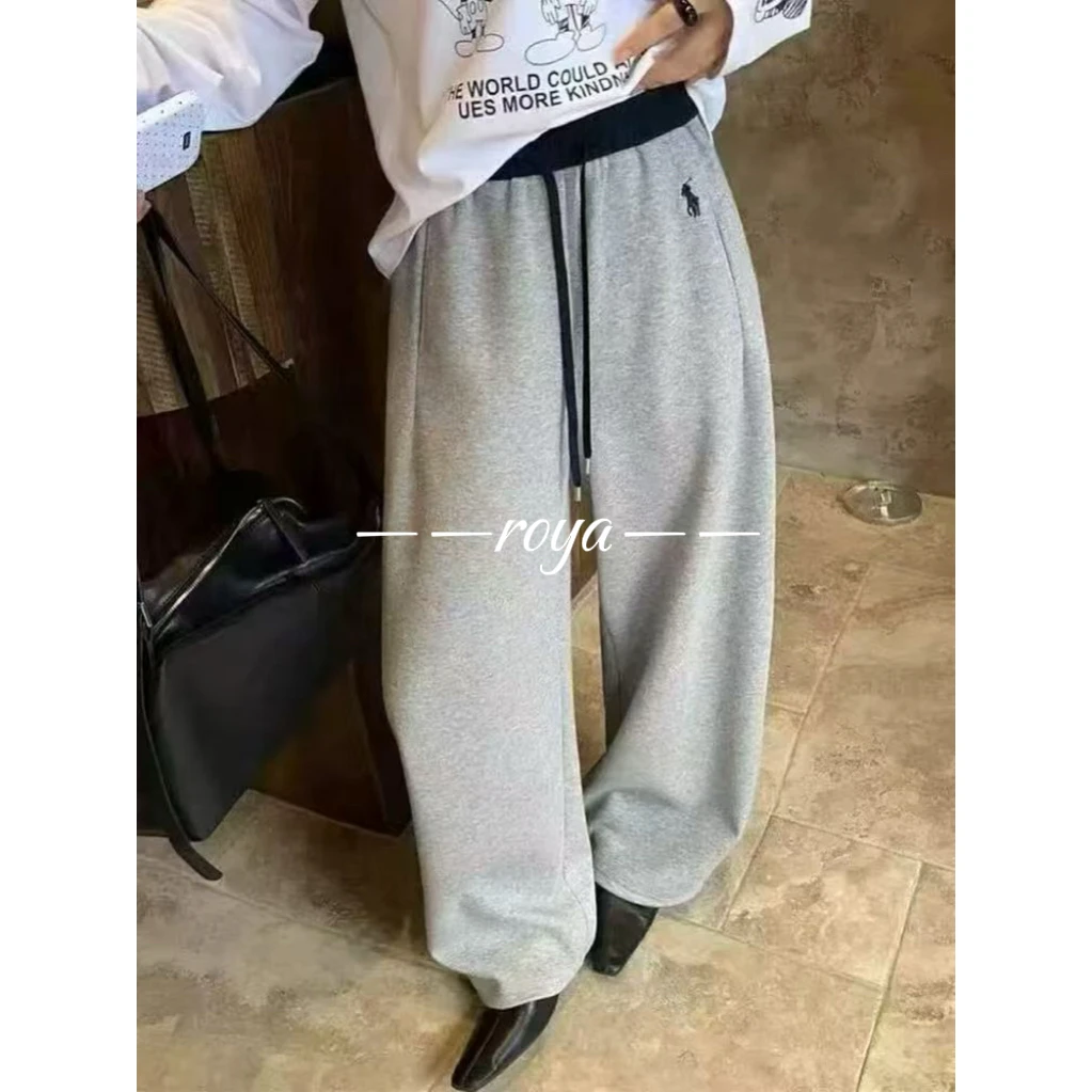 —Roya—秋冬季加绒加厚刺绣拼色高腰宽松显瘦弯刀阔腿休闲裤女