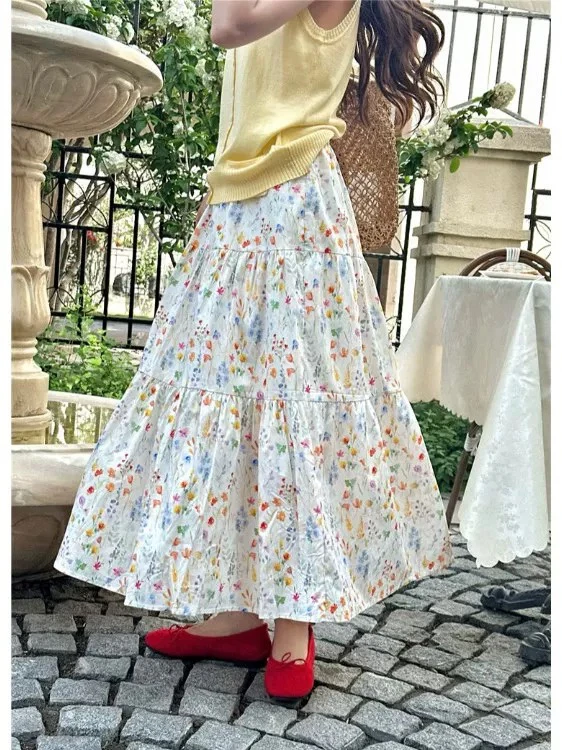 设计感碎花茶歇高腰半身裙女春夏2025新款A字显瘦大摆温柔风长裙