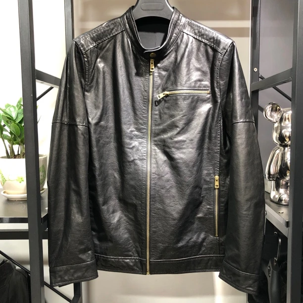 2201简约立领男士牛皮皮衣短款机车风休闲夹克春秋时尚2201