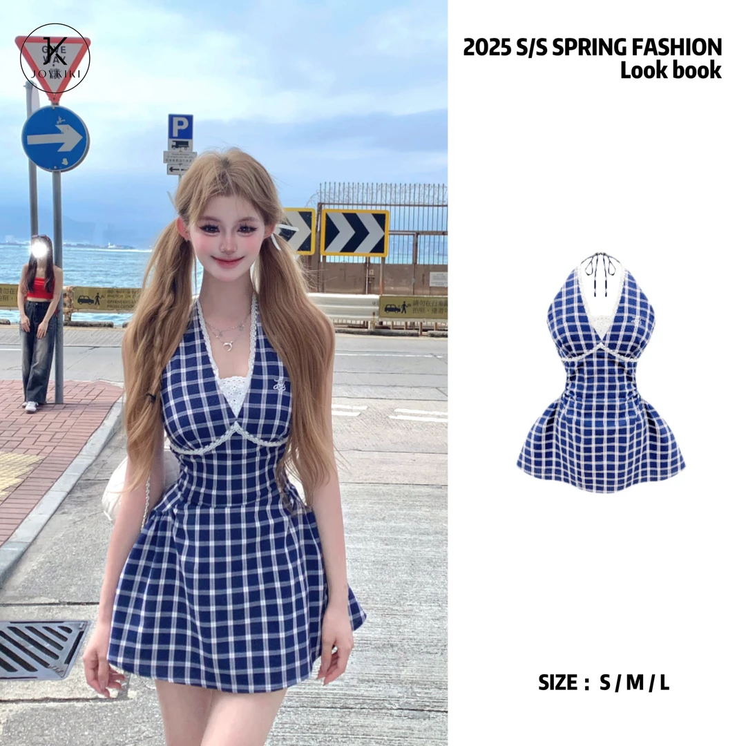 JOYKIKI金金【领结情书】夏季蓝色格纹V领通勤百搭连衣裙J25B139