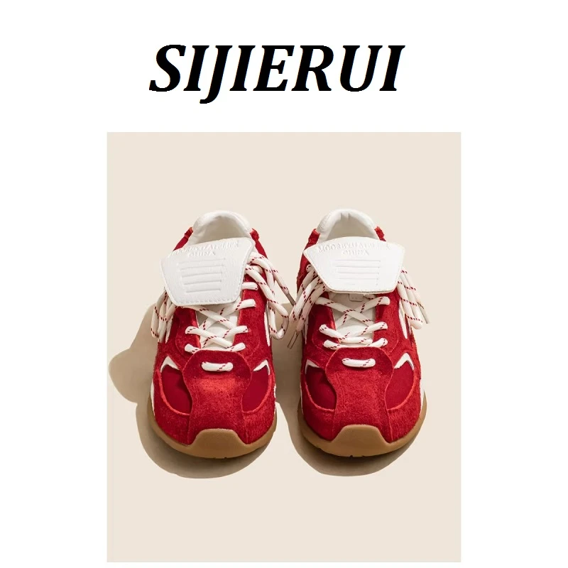 SIJIERUI厚底德训鞋女2025年新款内增高软底休闲真皮复古运动鞋女