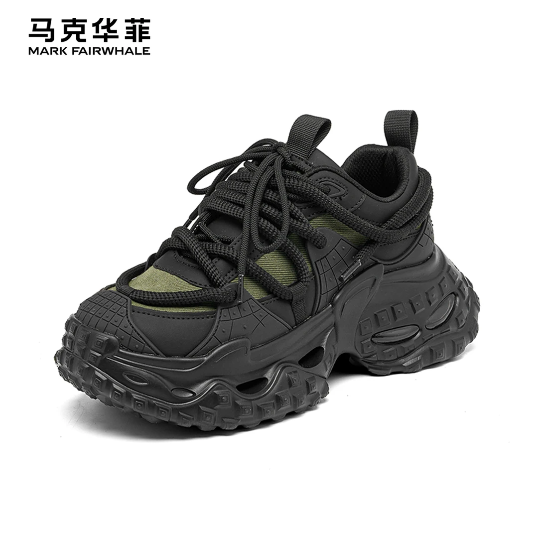 马克华菲男鞋2025秋季新款运动老爹鞋厚底增高气垫休闲黑色鞋子男