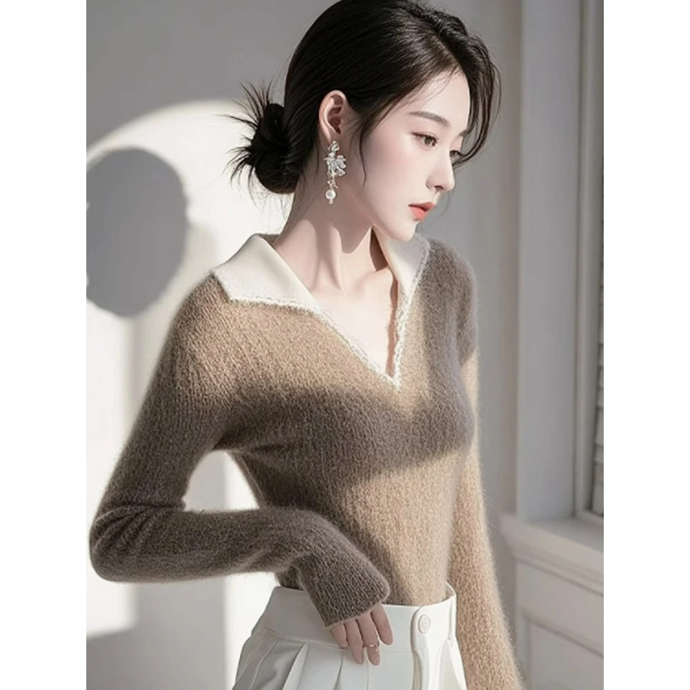 YE#韩版翻领长袖打底衫毛衣女时尚气质别致修身显瘦DY12500