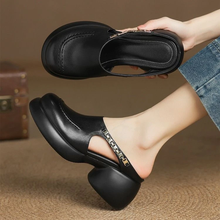 软皮版~复古包头拖鞋女外穿2025夏季圆头厚底增高百搭半拖-飒飒