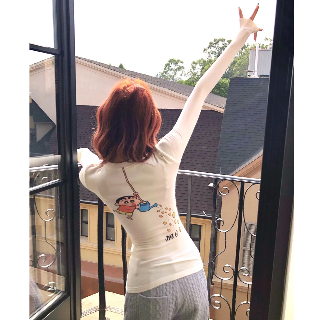 婉君【蜡笔撒钱T】秋季时尚长袖修身显瘦印花T恤上衣LWJ25C3T3105