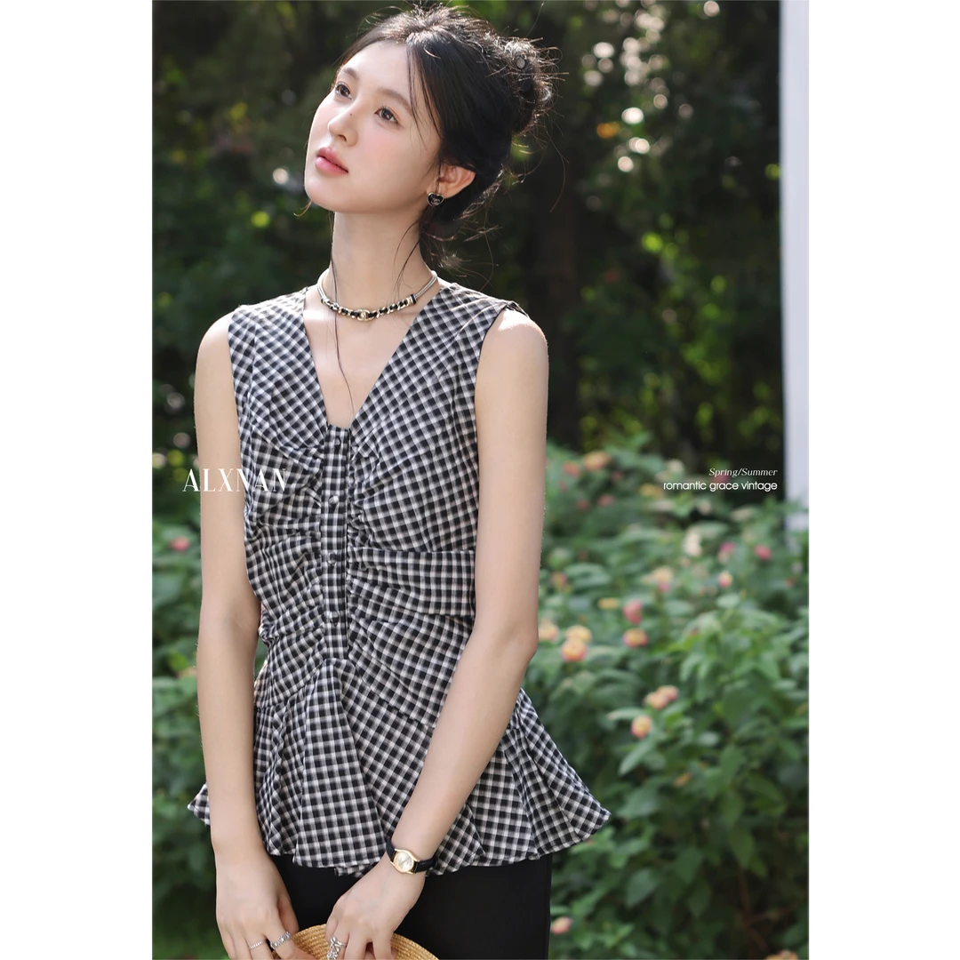 【清清】法式格子背心吊带女夏季漂亮独特高级黑色上衣