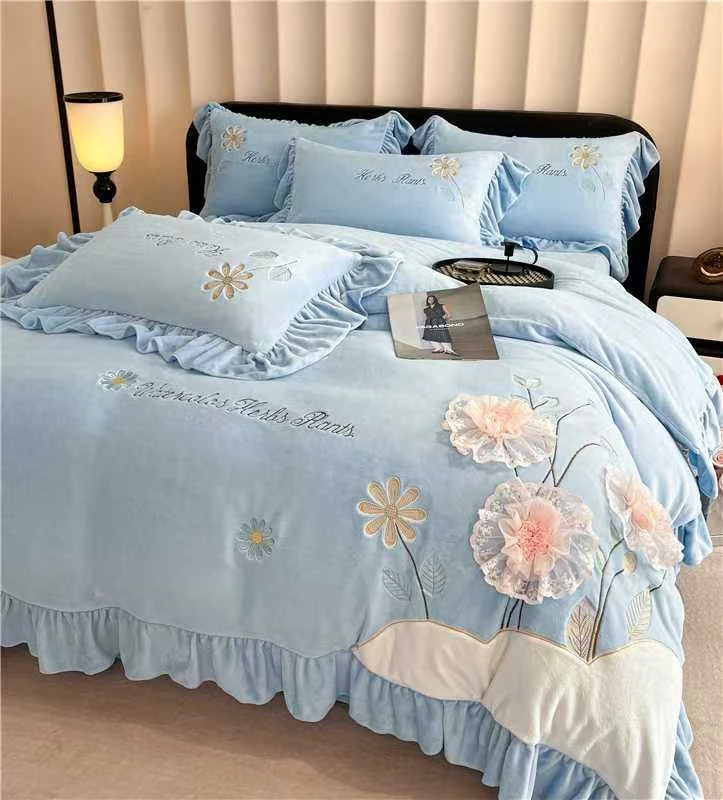 【暖居】花蜜-加绒加厚牛奶绒刺绣公主风双面绒四件套床上用品aj