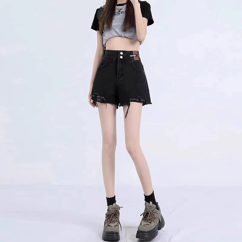 雪千羽黑色毛边小个子辣妹牛仔短裤女夏2025新款高腰显瘦a字热裤