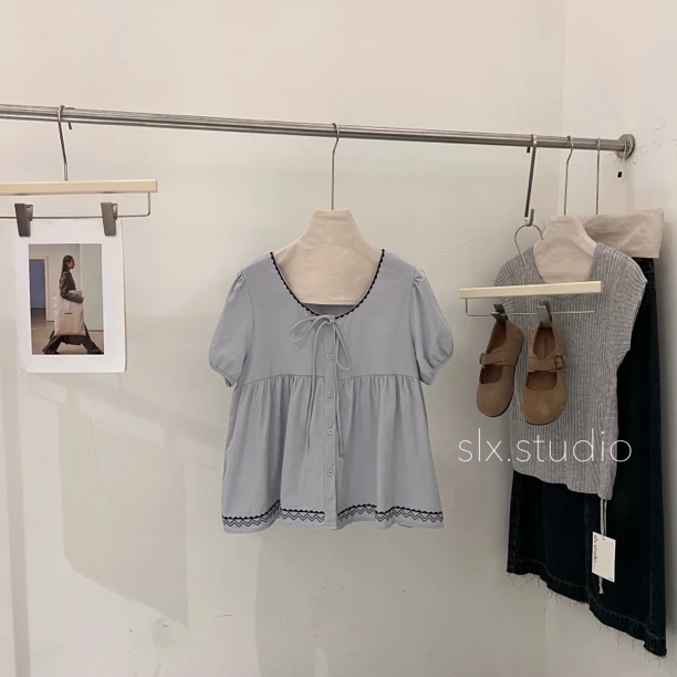 slx@ 8231 绑带纹理花边小衫