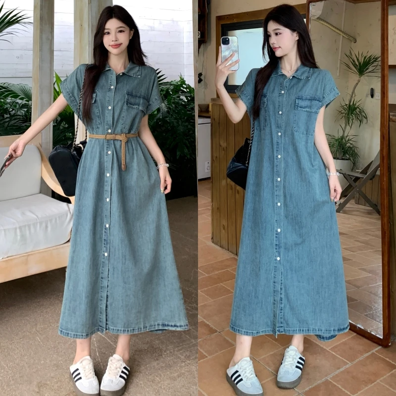 大码女装夏季新款2025新款大码女装夏装时尚气质牛仔短袖连衣裙子