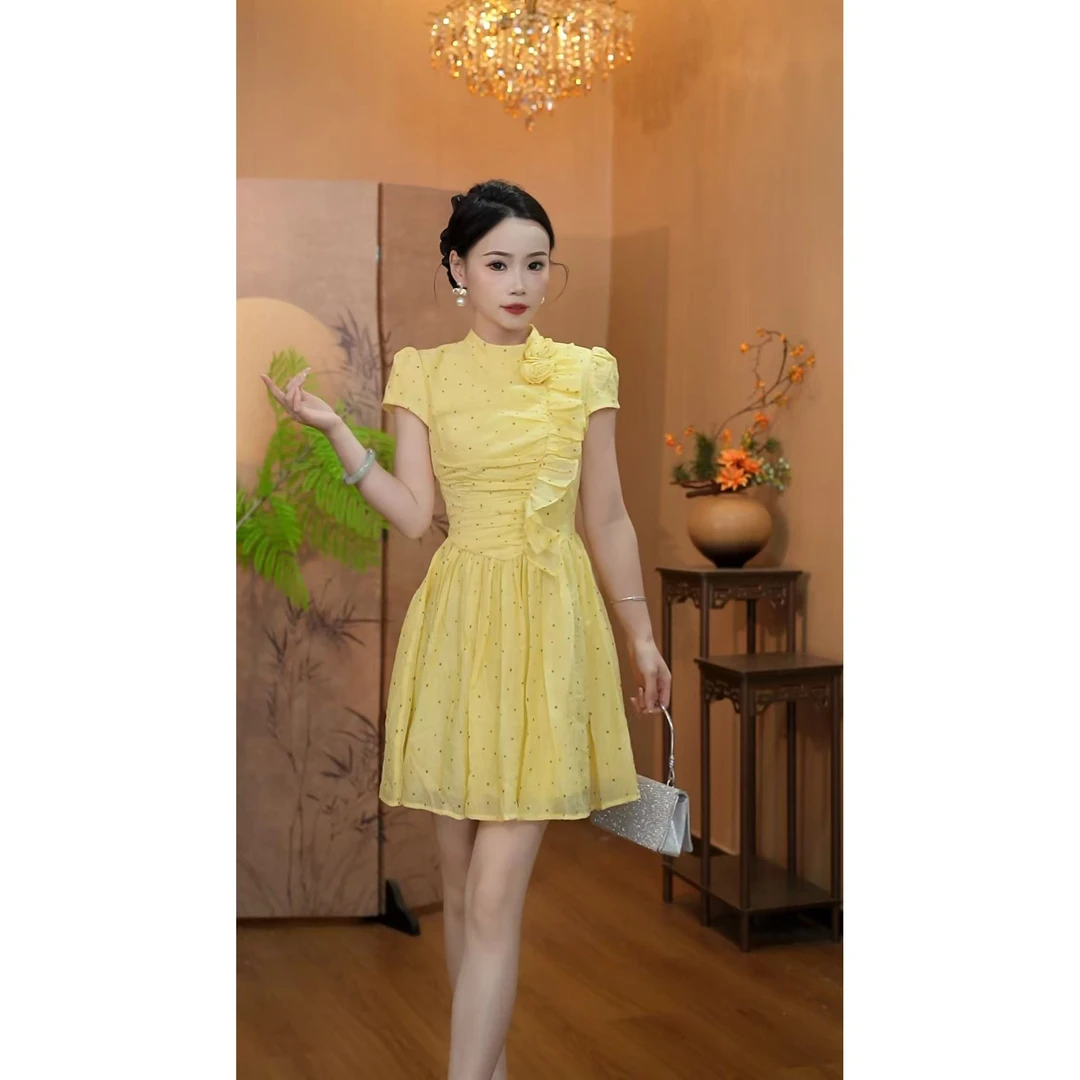 3753【晨光依旧】少女感新中式连衣裙改良收腰旗袍裙蛋糕裙子