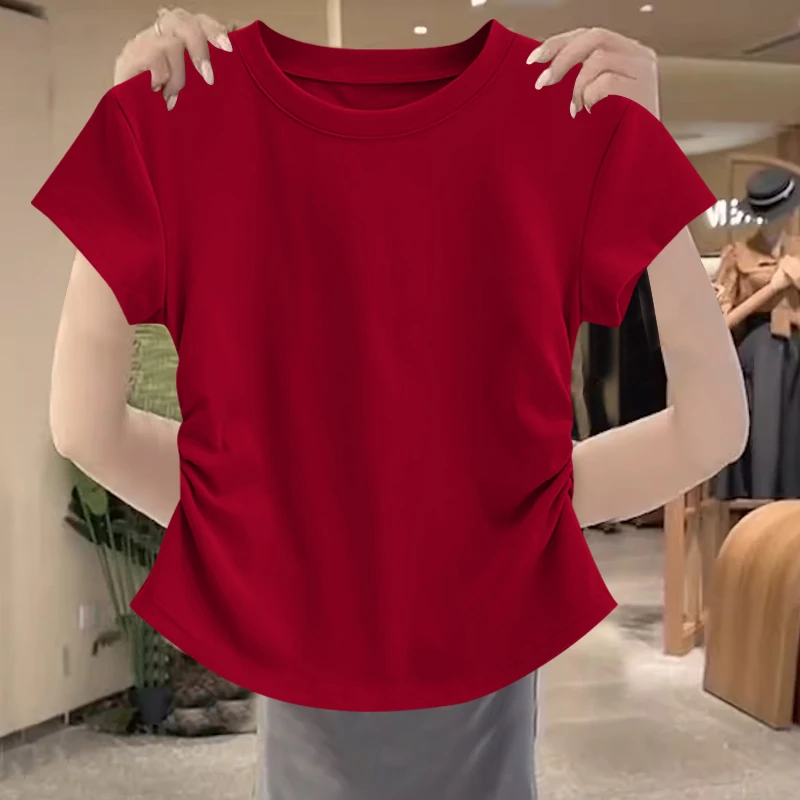 正肩圆领短袖t恤女2025新款爆款夏季纯欲修身短款甜辣洋气上衣服