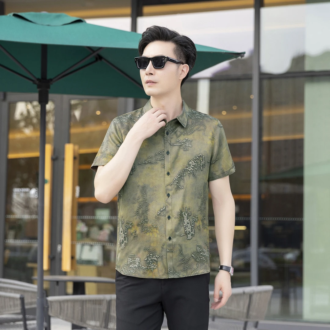 【桑蚕丝薄款】夏季2025男士翻领香云纱短袖国风薄款桑蚕丝百搭