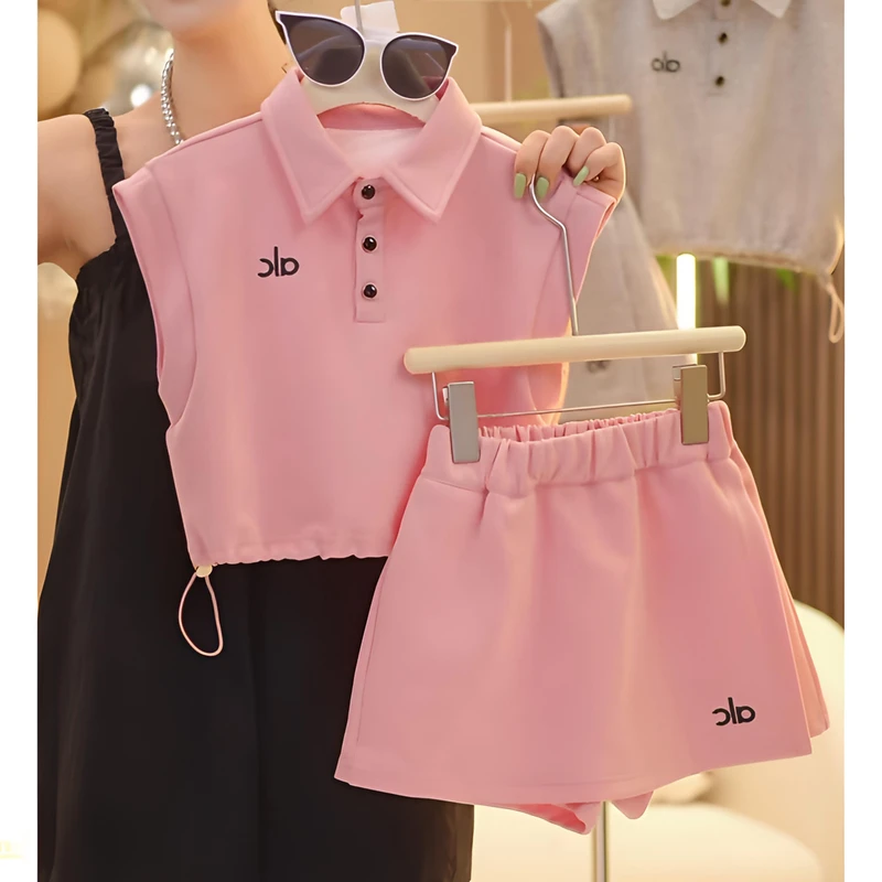 女童POLO短袖裙裤套装夏季2025新款休闲短袖短裤运动两件套辣妹装