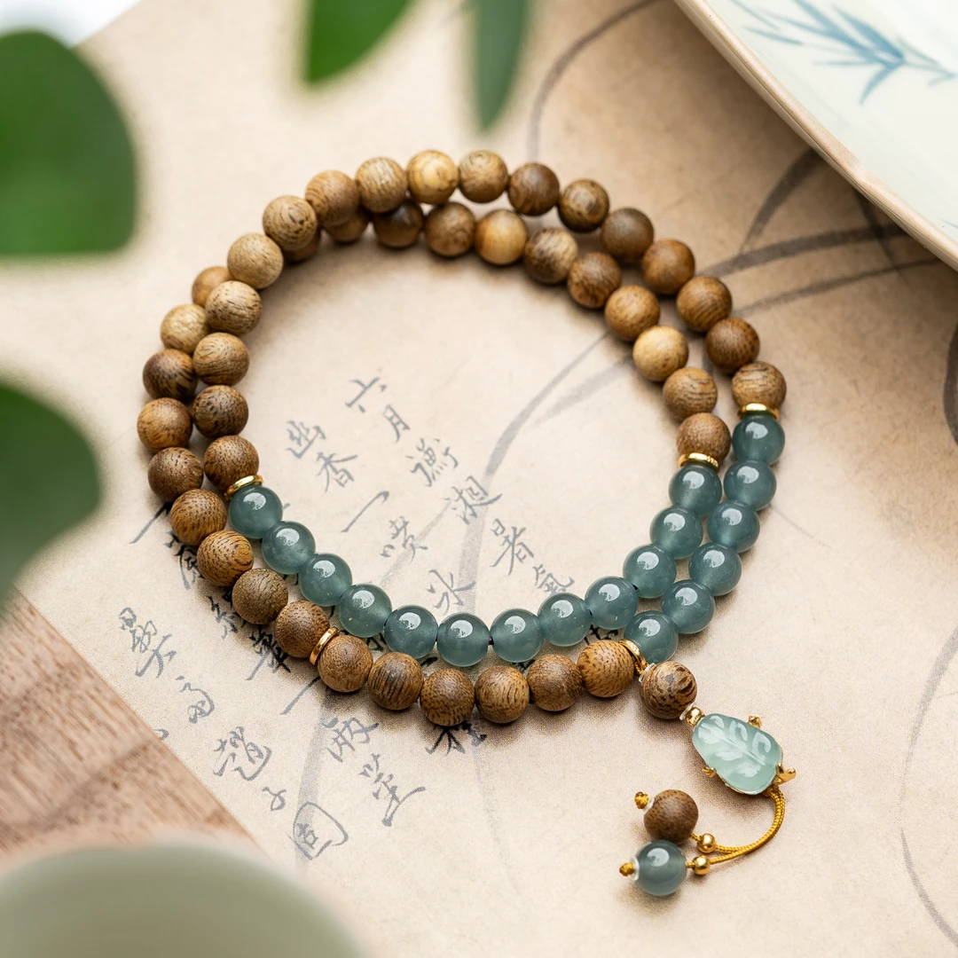 沉香软丝沉香6mm蓝水翡翠双圈手串