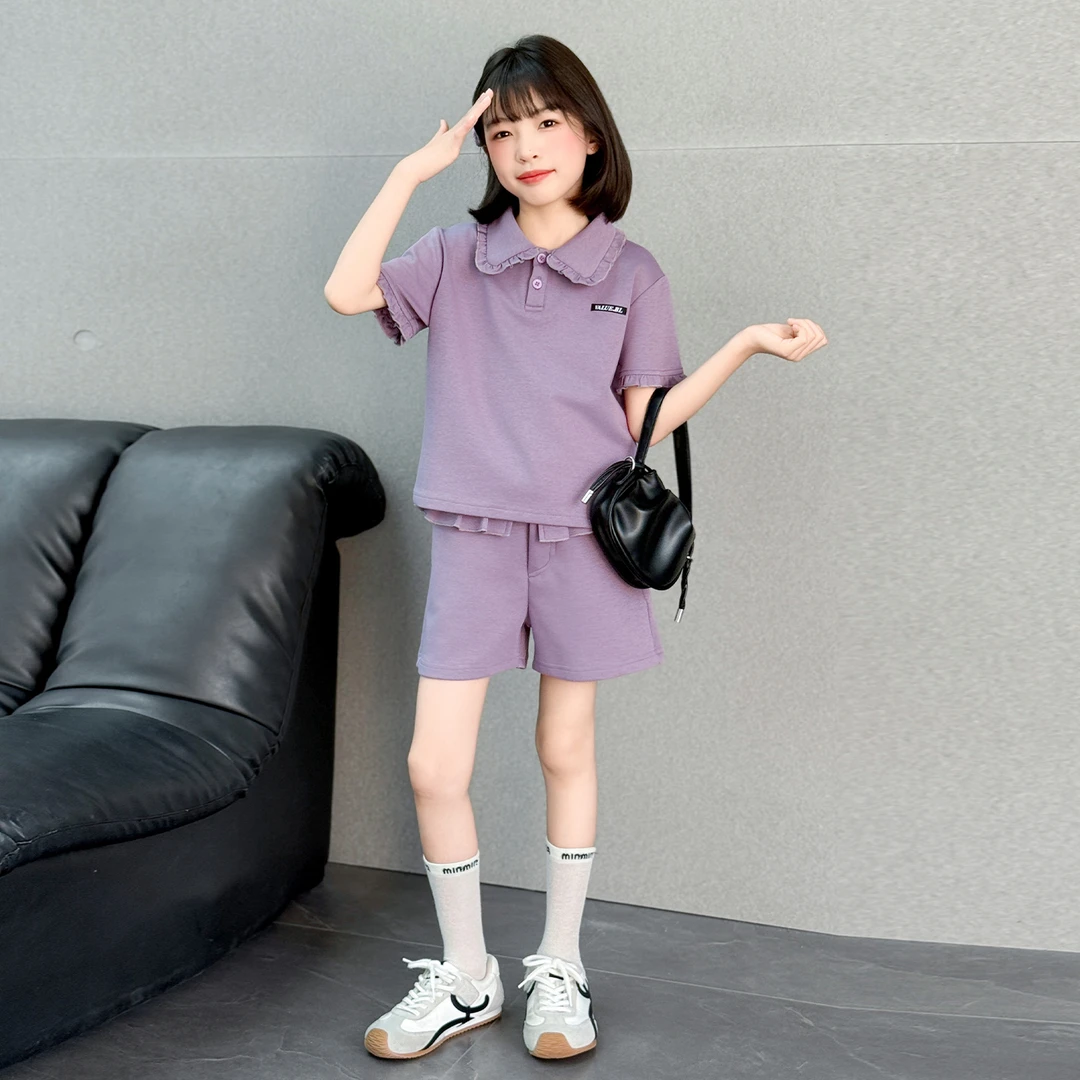 女童花边领POLO衫套装洋气休闲2025新款中大童夏装短裤两件套时髦
