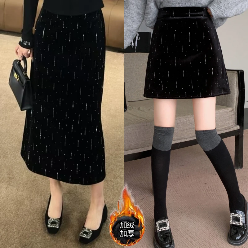 秋冬新款暗夜銮金韩式重工烫钻绒显瘦高腰包臀半身裙6773