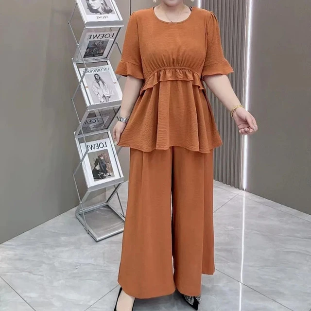 时尚套装女夏2025新款胖妹妹宽松遮肚子显瘦收腰短袖阔腿裤两件套