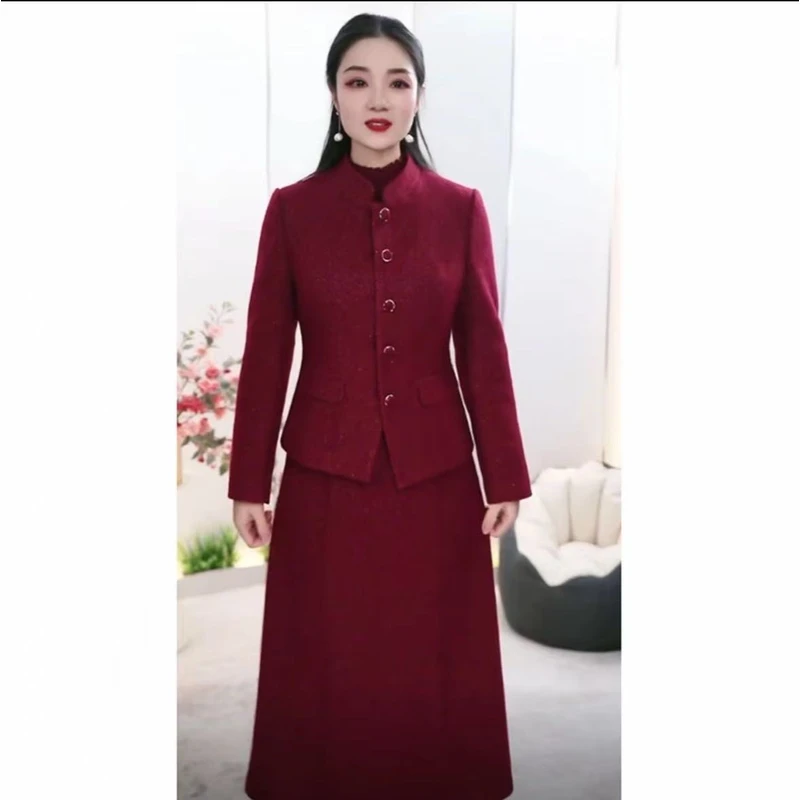 【两件套】3578新款气质妈妈装轻奢遮肉显瘦喜妈妈红色时尚秋冬套装