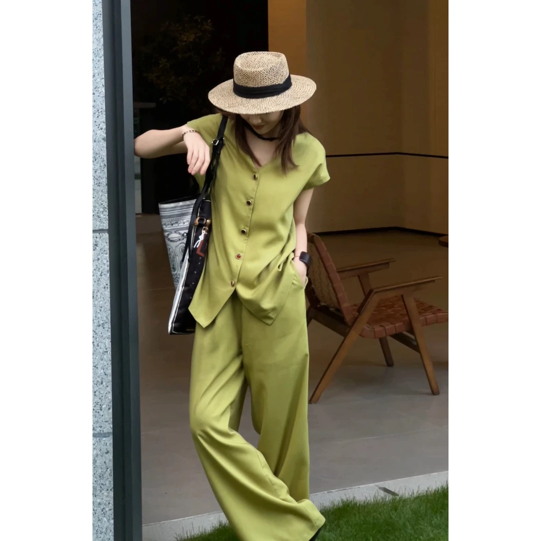 极简高级设计感V领显瘦亚麻女夏季新款时尚休闲上衣裤子套装