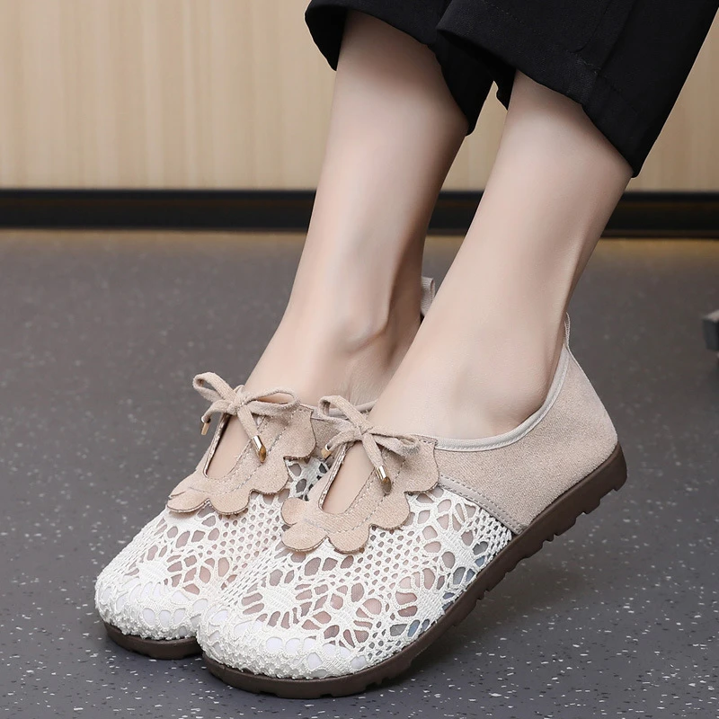 蕾丝网面渔夫鞋春夏新款平底网纱女鞋透气软底豆豆鞋老北京布鞋女