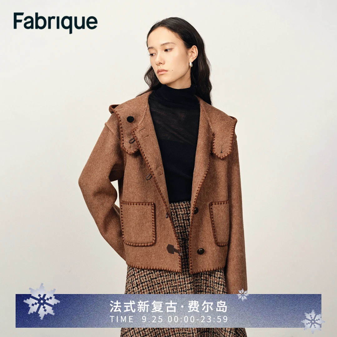 Fabrique Carina 伯爵红茶绵羊毛羊驼毛真皮搭扣刺绣连帽短款大衣