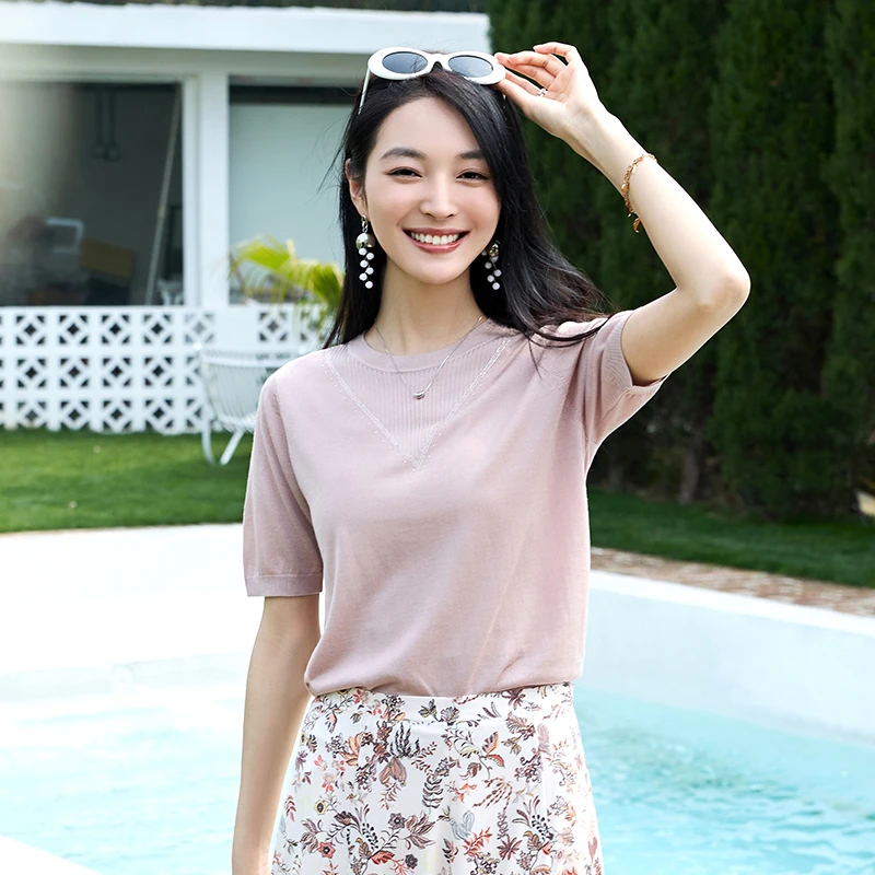 春竹品牌25早秋季圆领短袖落肩袖毛针织衫设计感舒适休闲女士上衣