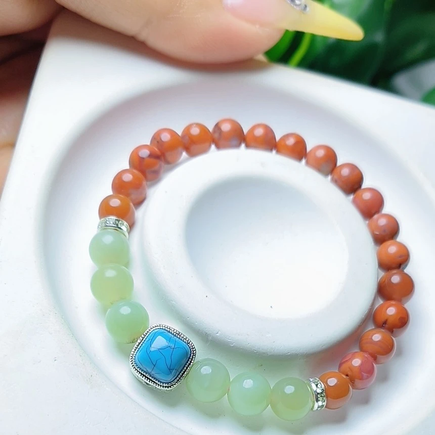 （默认微瑕)满色满肉柿子红色南红配晴水色和田玉原创设计男女同款