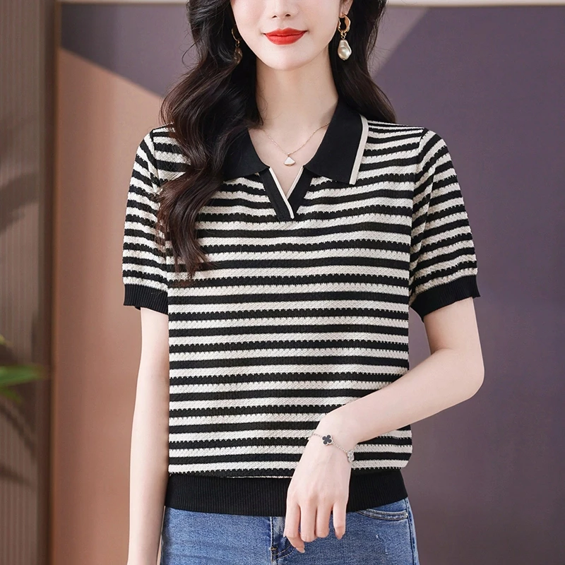 2025夏季新款法式条纹桑蚕丝翻领短袖T恤女时尚百搭冰丝针织上衣