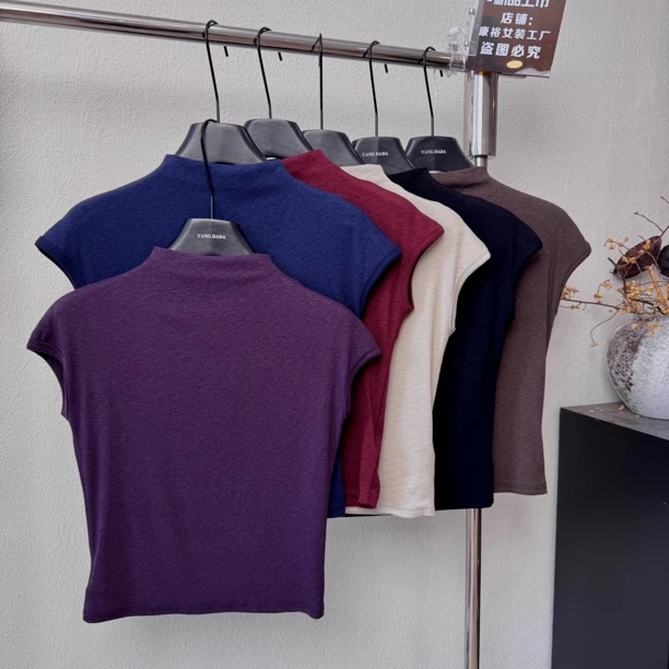 包肩袖气质半高领短袖T恤女2025早秋新款打底衫内搭薄款黑色上衣