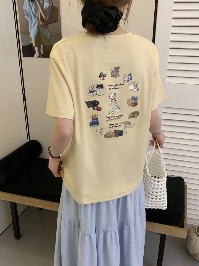 程程甄选 -「卡通芝士」小众重工刺绣狗狗百搭休闲体恤5057
