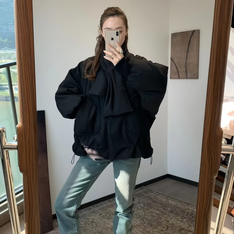 深圳南油原创设计韩系千金风马鞍兜鹅绒服（带鹅绒围脖）