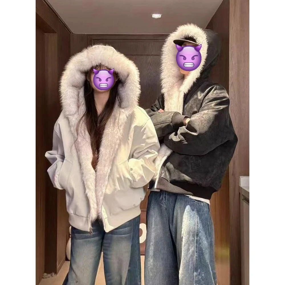 美式连帽座山雕棉服外套男女冬季百搭加厚保暖棉衣大毛领情侣外套