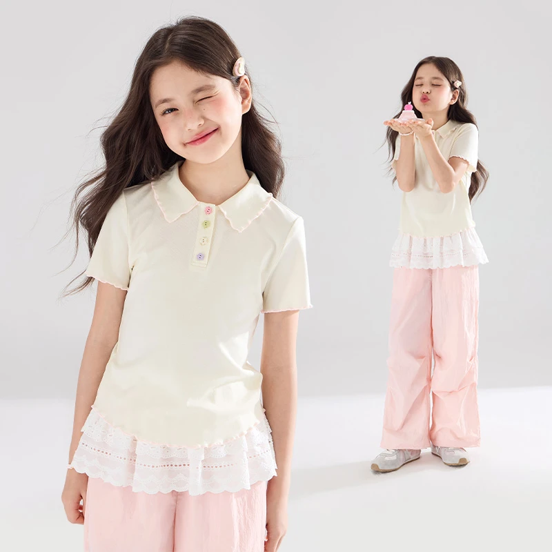 MUCMUKN木可童装翻领木耳边短袖T恤撞色纽扣女童夏季新M52XT5145