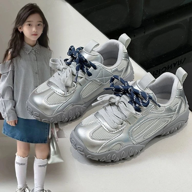ABC银色双鞋带德训板鞋女童鞋2025爆款学生透气小香风休闲运动鞋