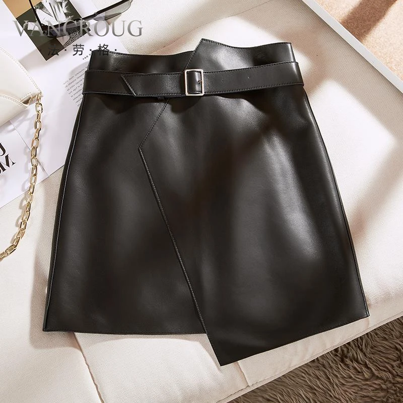 法劳格秋季新款不规则绵羊皮真皮皮裙女高腰收腰修身显瘦包臀A字