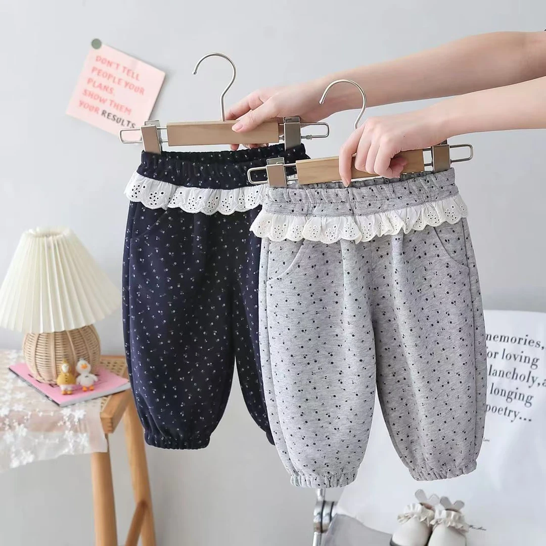 婴儿裤子春秋款童装女童碎花休闲裤儿童蕾丝屁帘裤女宝宝卫裤百搭