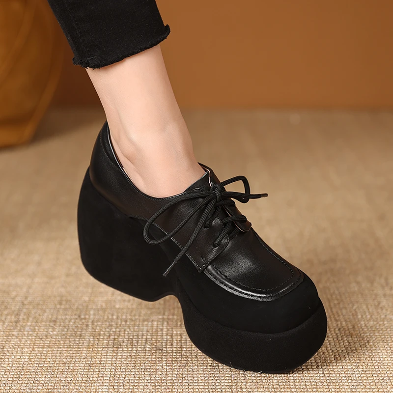 轻便不累脚坡跟单鞋女10cm防滑厚底松糕鞋小个子系带圆头高跟皮鞋