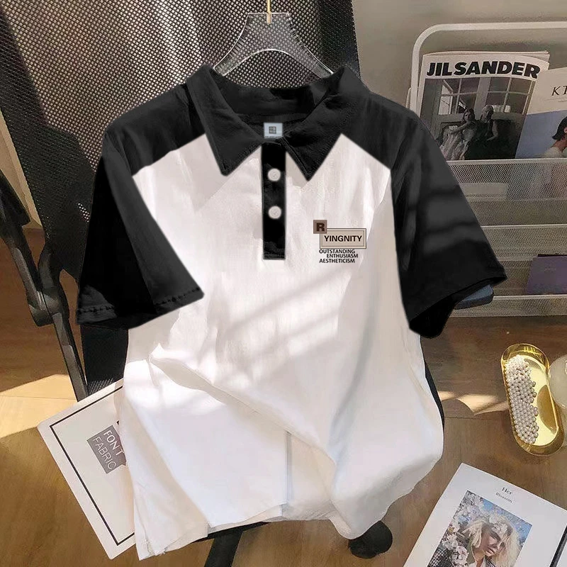 美式翻领拼色短袖polo衫男夏季2025新款设计感小众宽松体恤上衣潮