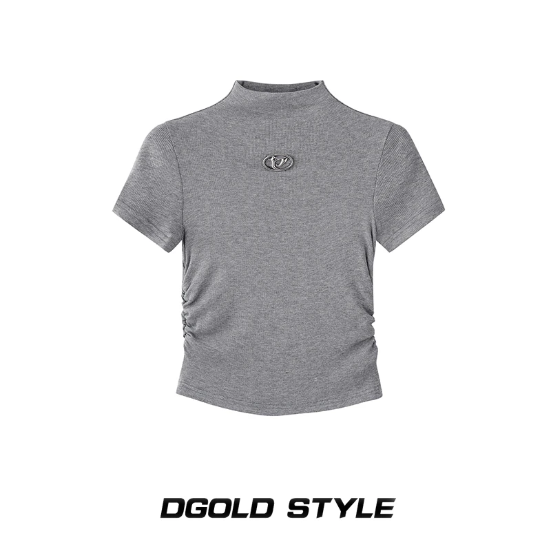 DGOLD原创甜欲感褶皱半高领内搭打底衫辣妹修身显瘦短款T恤上衣