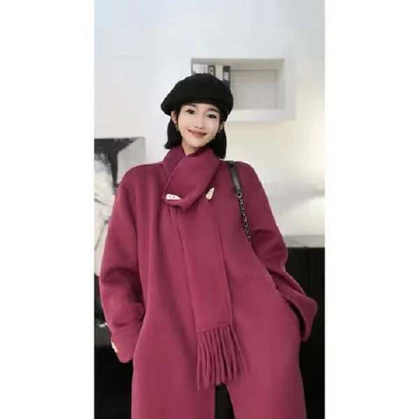 X087别致小个子围巾圆领毛呢外套高级感大衣女9807