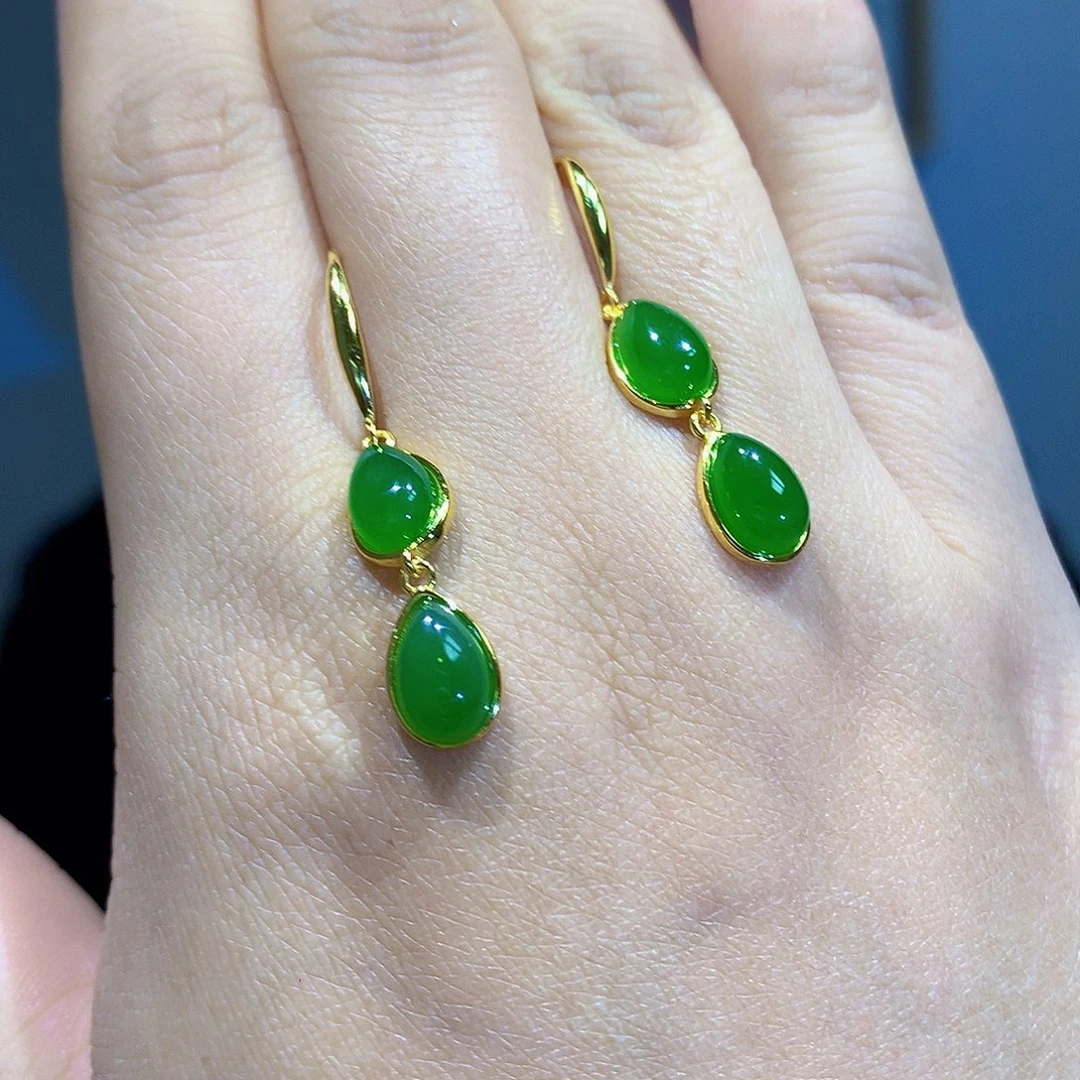 和田玉（碧玉）耳饰银S925镀金镶嵌