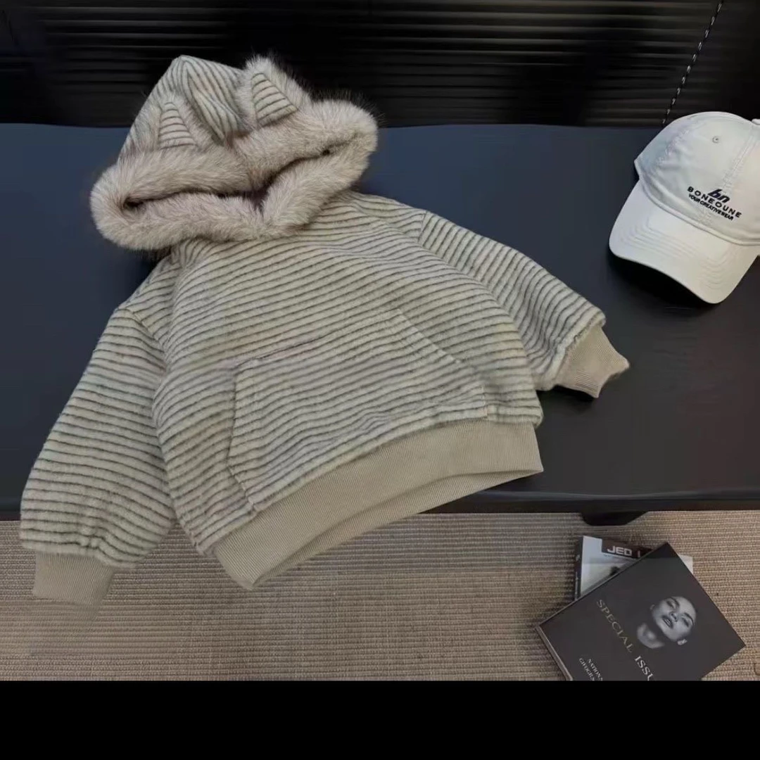 2025男童女童冬季新款条纹连帽加绒卫衣慵懒宽松宝宝上衣男女童